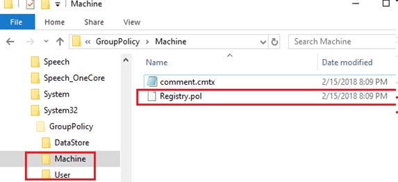 Windows 文件资源管理器中显示 GroupPolicy/Machine 文件夹内容，包括 comment.cmtx 和 Registry.pol 文件。