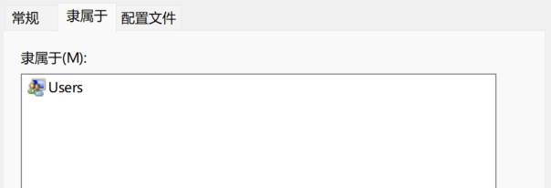 Windows 属性界面，显示"属于"选项卡，列出 Users 组