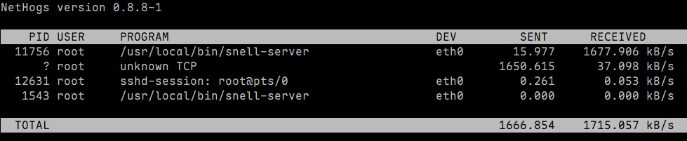 NetHogs 显示 snell-server 网络流量监控,eth0 接收流量约 1678 KB/s