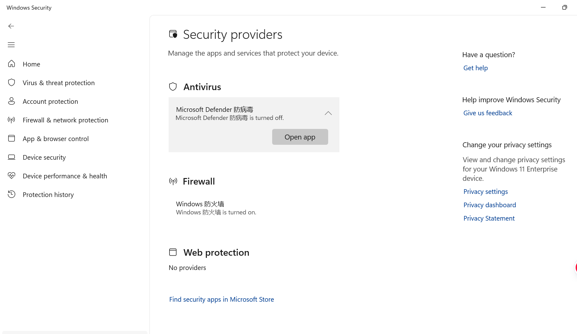 Windows Security“安全提供程序”页面，显示 Microsoft Defender 防病毒已关闭，而 Windows 防火墙已开启