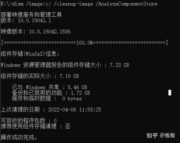 命令提示符界面，显示执行 DISM 命令分析组件存储，列出 WinSxS 信息、组件存储大小、上次清理日期及是否需要清理，操作成功完成